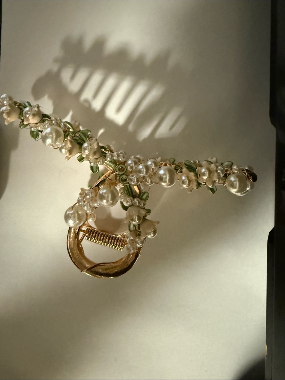 Pearl Flower Hair Clamp - Gold Tone with White Pearls and Green Accents